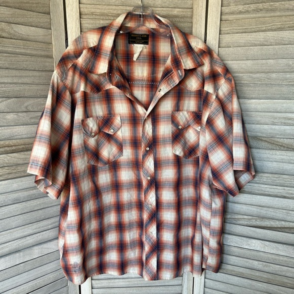 vintage Pearl Snap Rustler Deluxe‎ Brown Plaid Western Shirt Slant Pocket 3XL